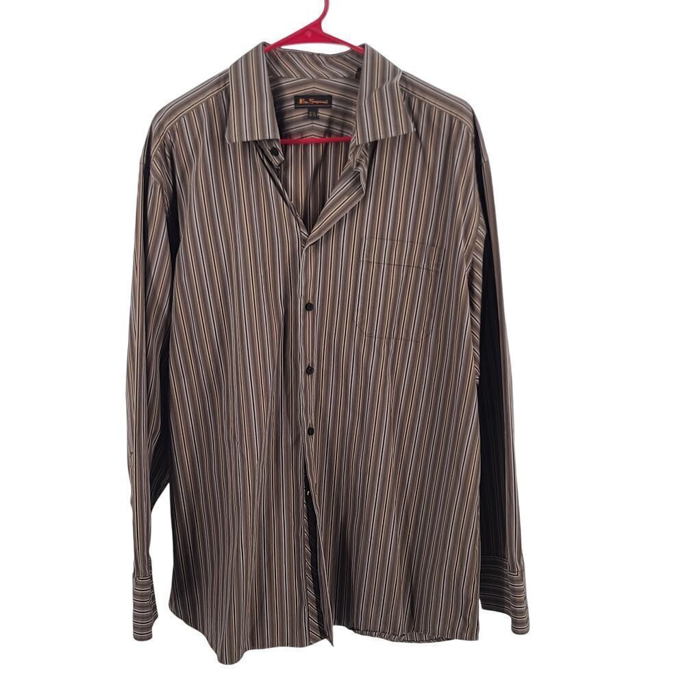 Ben Sherman men's dress shirt brown stripes formal business Size 171/2 34-35